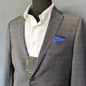New Ben Sherman Bexley Windowpane Suit | 40R / 34W | Dark Gray Stretch Wool